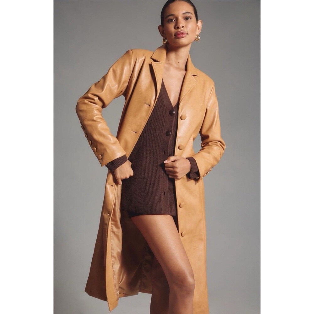 Anthropologie Avec Les Filles Belted Long Coat Faux Leather Retro Boho Large NWT